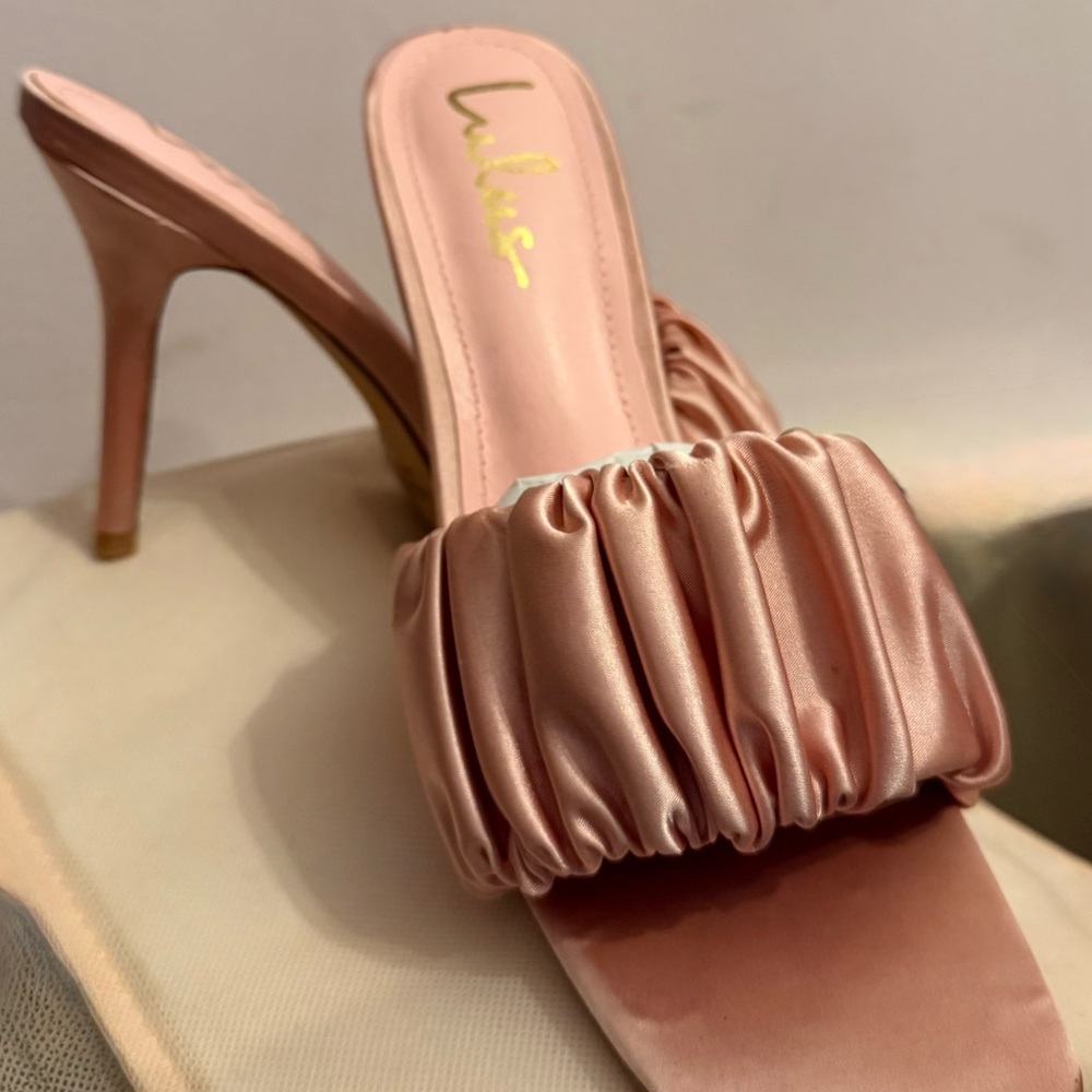 Lulu's Pink Satin Heels with Elegant Ruching